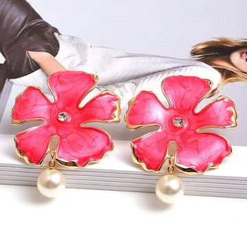 Flower-Shaped Metal Oiled Dangle Drop Earrings - SunsetFashionLA